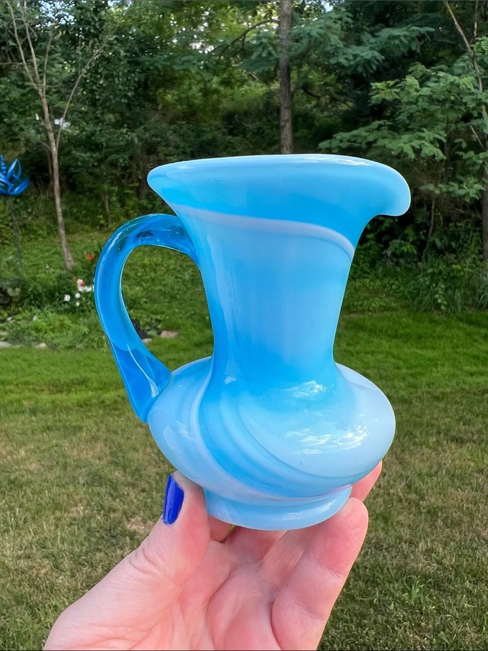 Vintage Rainbow Glass Blue Slag Glass Milk Pitcher Brush Cup Hand Blown in USA